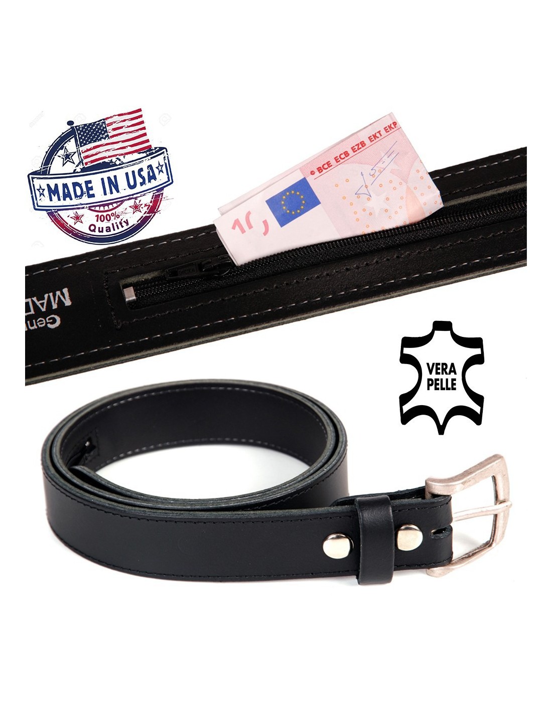 Cintura in vera pelle USA con tasca nascosta - Portafoglio portasoldi